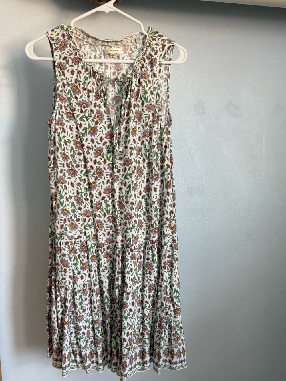 Max Studio White Floral Midi Sundress with Green and Lavender Print